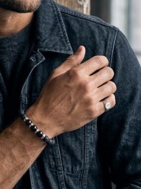 Men's Beaded Bracelet - Black Lava and Amethyst